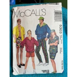 McCalls Sewing pattern 5303 unisex button down top hoodie pants shorts